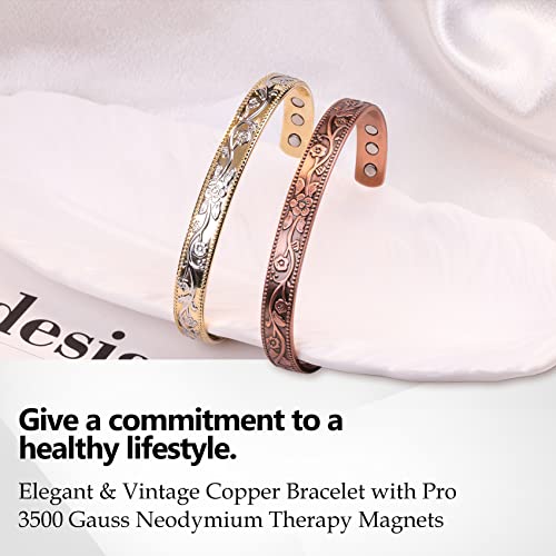 Feraco Magentic Copper Bracelet for Women,Vintage Flower Copper Cuff Bracelet Feraco