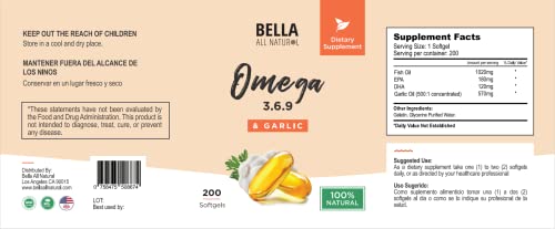 Bella All Natural Omega 3 6 9 with Garlic Oil - 200 Softgels Bella All Natural