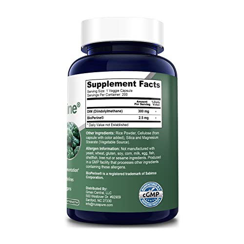 NusaPure DIM 300mg with Bioperine - 200 Veg caps (Non-GMO, Vegan, Gluten-Free) Diindolylmethane NusaPure