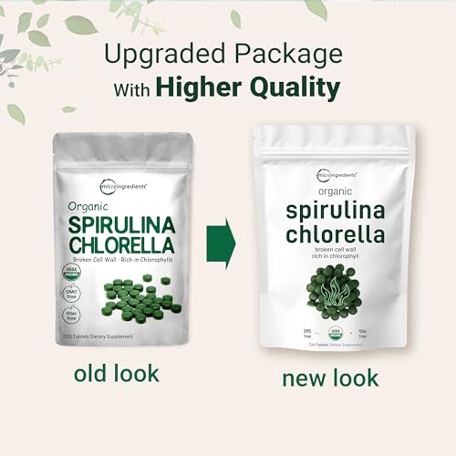 Organic Chlorella Spirulina Tablets, 3000mg Per Serving, 720 Counts, 4 Months Supply Micro Ingredients