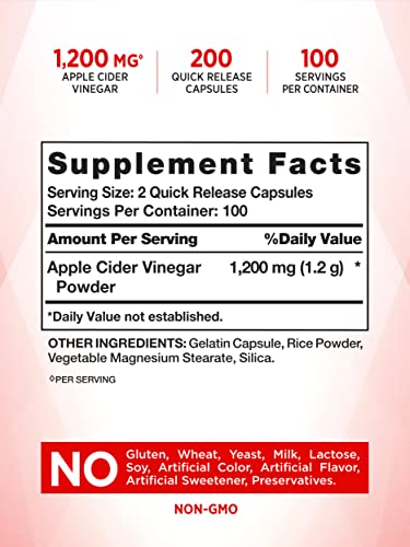 Nature's Truth Apple Cider Vinegar Capsules | 1200mg | 200 Pills | Extra Strength | Value Size Nature's Truth