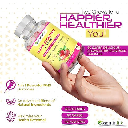 Happy Flow Strawberry-Flavor Chewable PMS Gummies | Hormone Balance Chasteberry