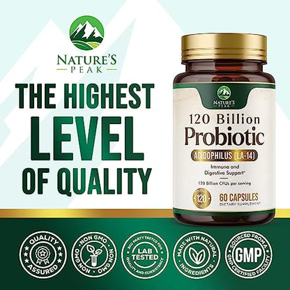 Nature's Peak Probiotics for Digestive Health - 120 Billion CFU with Diverse Strains