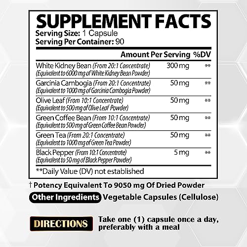 Pure White Kidney Bean Extract Capsules - 6 Herbal Ingredients 9050 mg Equivalent Satoomi