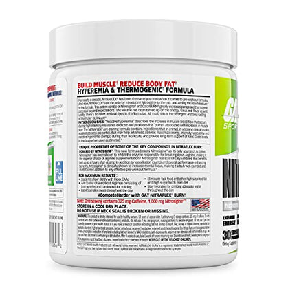GAT SPORT NITRAFLEX Burn, Pre Workout Thermogenic Powder, Apple Melon, 30 Servings