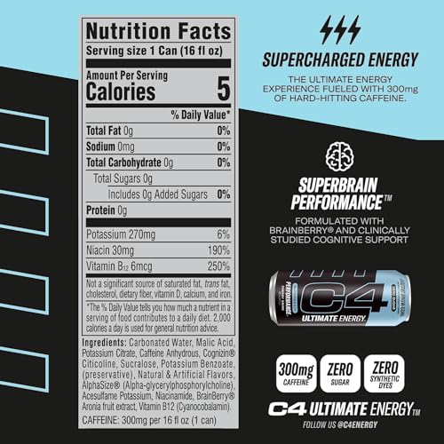 C4 Ultimate Sugar Free Energy Drink 16oz (Pack of 12) | Arctic Snow Cone | Pre Workout Cellucor