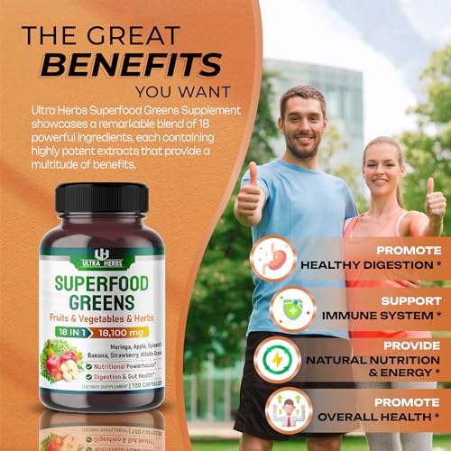 Superfood Greens 18 IN 1 - 18,100mg with Fruits & Vegetables & Herbs -Moringa, Alfalfa ULTRA HERBS