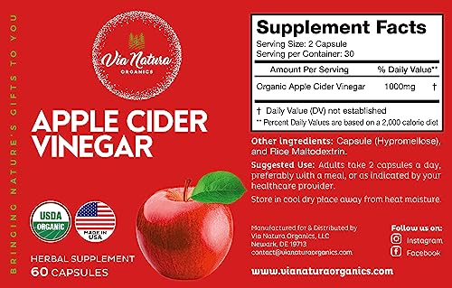 Via Natura Organics Apple Cider Vinegar Capsules 1000mg | Organic Herbal Supplement Via Natura Organics