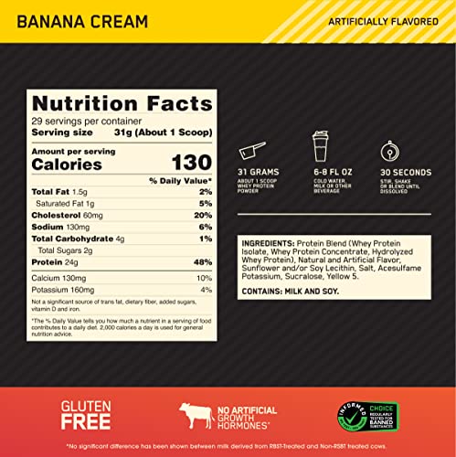Optimum Nutrition Gold Standard 100% Whey Protein Powder, Banana Cream, 2 Pound Optimum Nutrition