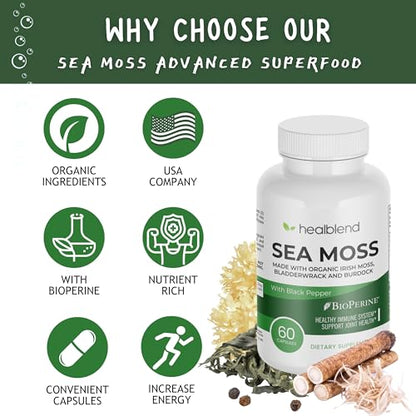healblend Organic Irish Moss, Bladderwrack, Burdock, & BioPerine - 1405mg with Black Pepper