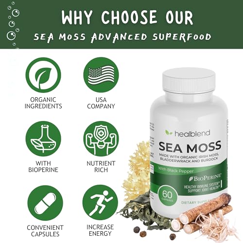 healblend Organic Irish Moss, Bladderwrack, Burdock, & BioPerine - 1405mg with Black Pepper healblend