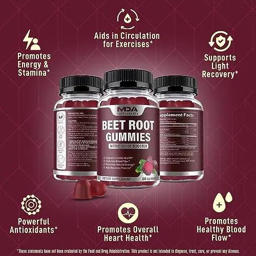 Beet Root Gummies with CoQ10, Energy, and Circulation Support, Pre Workout Nitric Oxide MDA Supplements