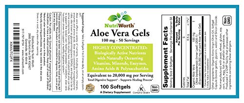 NutriWorth Aloe Vera Supplement (100 Softgels) 20,000mg Pure Gel Equivalency NutriWorth