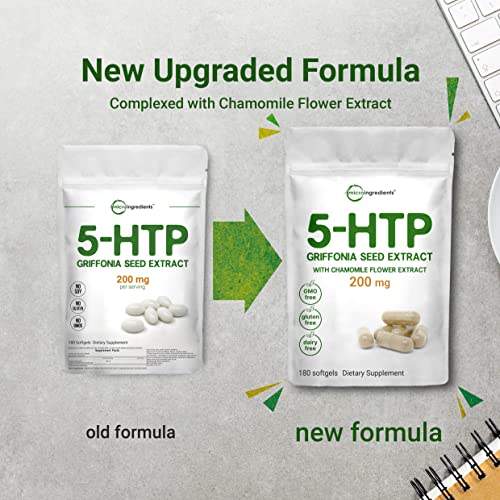 Micro Ingredients 5-HTP 200mg with Chamomile Flower Extract, 180 Capsules, 2 in 1 Formula Micro Ingredients