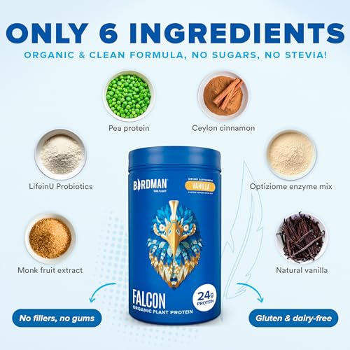 BIRDMAN Falcon Organic Vegan Protein Powder Vanilla, 24g Protein, Sugar Free, Probiotics BIRDMAN