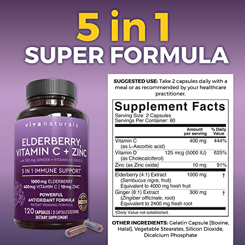 Viva Naturals Sambucus Elderberry with Vitamin C and Zinc for Adults - 5 in 1 Sambucus
