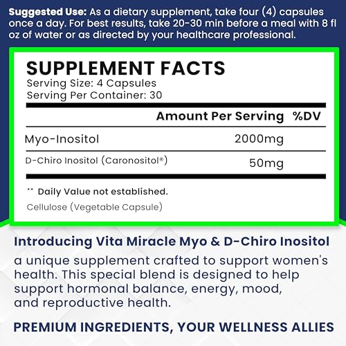Inositol Supplement Myo-Inositol & D-Chiro Inositol 120 Capsules 2000mg 40:1 Ratio High