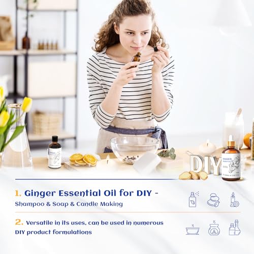 HIQILI Pure Ginger Essential Oil 3.38 Fl Oz, Pure Natural Premium Ginger Oil for Massage HIQILI