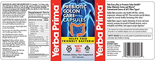 Yerba Prima Prebiotics Colon Care Fiber Caps, 180 Capsules - Five Forms of Fiber Plus FOS