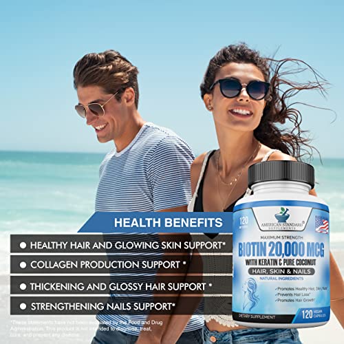 Biotin 20,000mcg with Keratin, Organic Coconut and Zinc, Hair Growth Supplements, Biotin American Standard Supplements