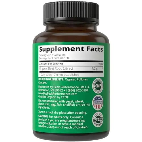 USDA Organic Beet Root Vegan Capsules. Beets Juice Powder Super Food Pills 1200 mg Peak Performance