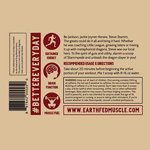 Earth Fed Muscle Stammpede DragoFruit Punch Pre Workout, 30 Servings, Boost Energy, Increase Endurance and Focus, Beta-Alanine, 250mg Caffeine, Citrulline Malate, Taurine, Tyrosine - Keto, No Sugar