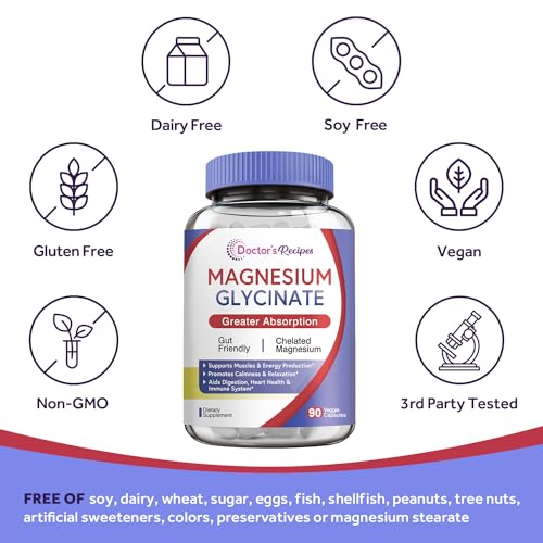 Doctor's Recipes Magnesium Glycinate for Men & Women, 100mg Elemental Mag, 90 Caps