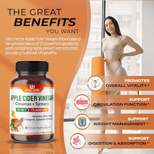 Organic Apple Cider Vinegar Capsules 17,400mg with Cinnamon, Turmeric - Best Supple ULTRA HERBS