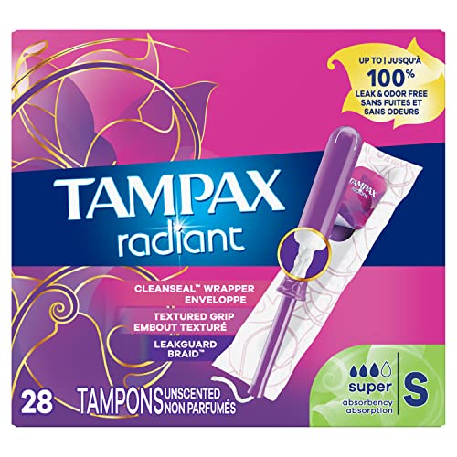 Tampax Radiant Tampons, Super Absorbency, With Leakguard Braid, Unscented, 28 Count Tampax
