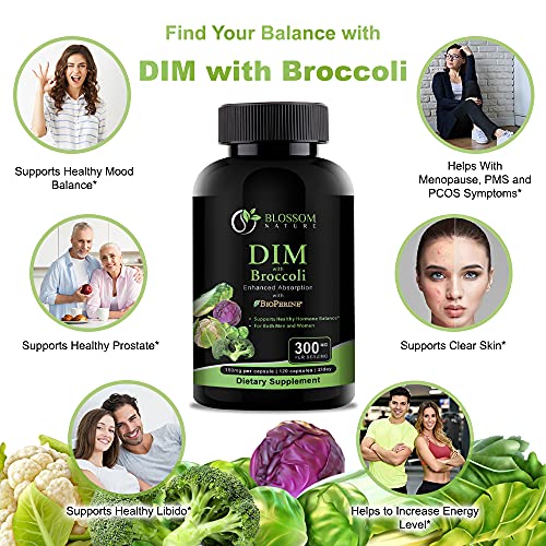 DIM Supplement 300mg with Broccoli 200mg BioPerine 10mg-Hormone and Estrogen Balance Blossom Nature