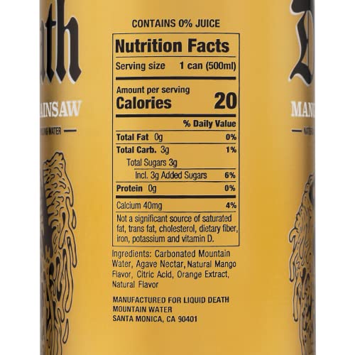 Liquid Death Flavored Sparkling Water with Agave, Mango Chainsaw, 16.9 oz Tallboys