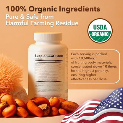 USDA Organic Lions Mane Supplement Capsules with Ashwagandha, Chaga, Reishi, Cordyceps