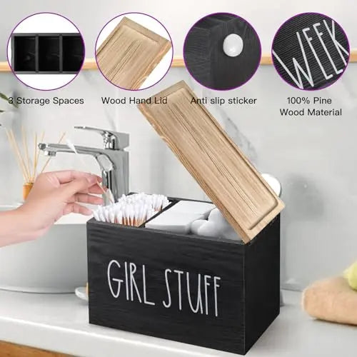 MISTOD Tampons Holder for Bathroom, Pad and Tampon Organizer with Tray Lid, Wooden Feminine MISTOD