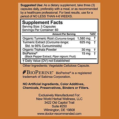 Turmeric Curcumin - 2250mg/d - 95% Curcuminoids - 180 Veggie Caps with Black Pepper