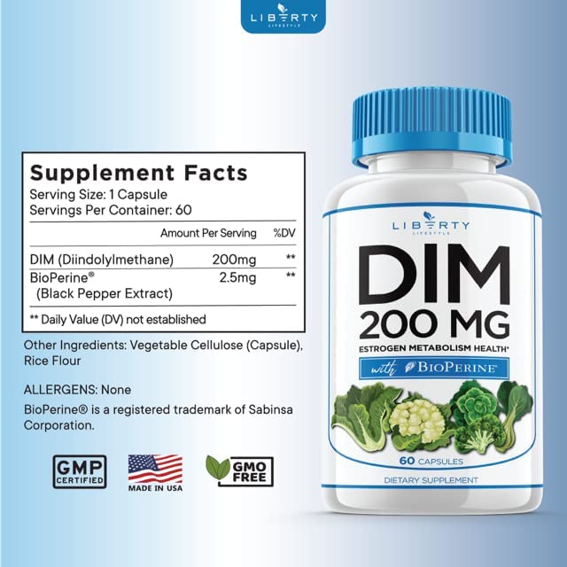 Liberty Lifestyle DIM Supplement 200mg - DIM Diindolylmethane Plus BioPerine - Estrogen Balance Liberty Lifestyle