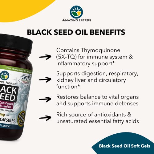 Amazing Herbs Premium Black Seed Oil Capsules - Cold Pressed Nigella Sativa Aids Amazing Herbs