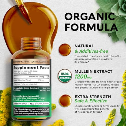 USDA Organic Mullein Drops for Lungs - Mullein Leaf Extract Supplement - Made in USA