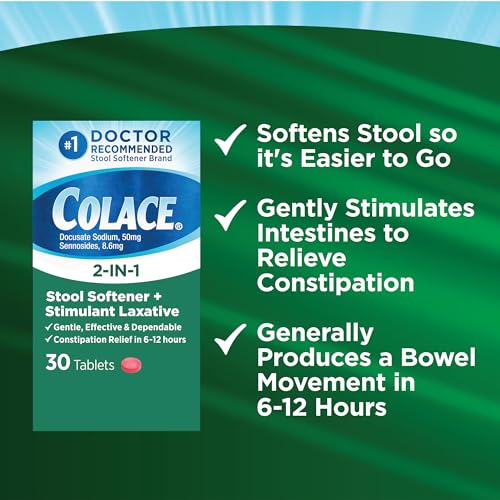 Colace 2-In-1 Stool Softener & Stimulant Laxative Tablets, Gentle Constipation Relief in 6-12 Hours