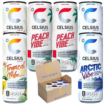 CELSIUS Energy Drink |Functional Essential Energy Drink Peach Vibe, Tropical and Arctic 