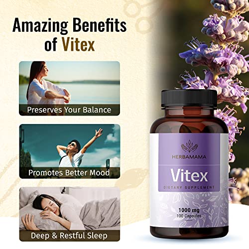 HERBAMAMA Vitex Supplement for Women - Organic Vitex Chasteberry Pills - Vegan Supplements HERBAMAMA
