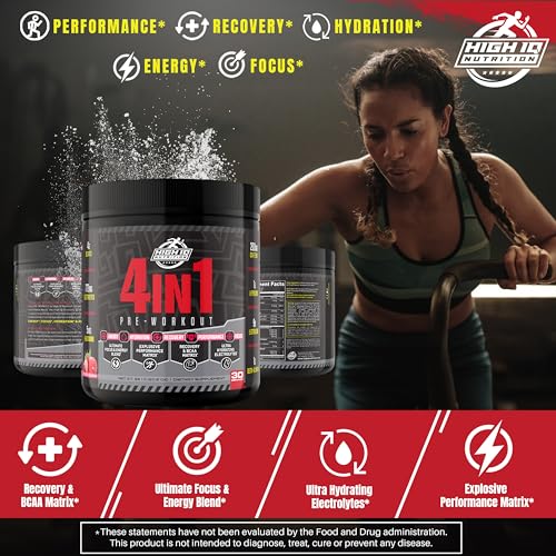 High IQ Nutrition 4 in 1 Lychee Flavored Pre Workout Powder 200mg Caffeine | Energy, Focus, Endurance, Electrolytes, Amino Acids, Beta-Alanine, & BCAAs | Men & Women | 30 Servings | 1.3 lbs.