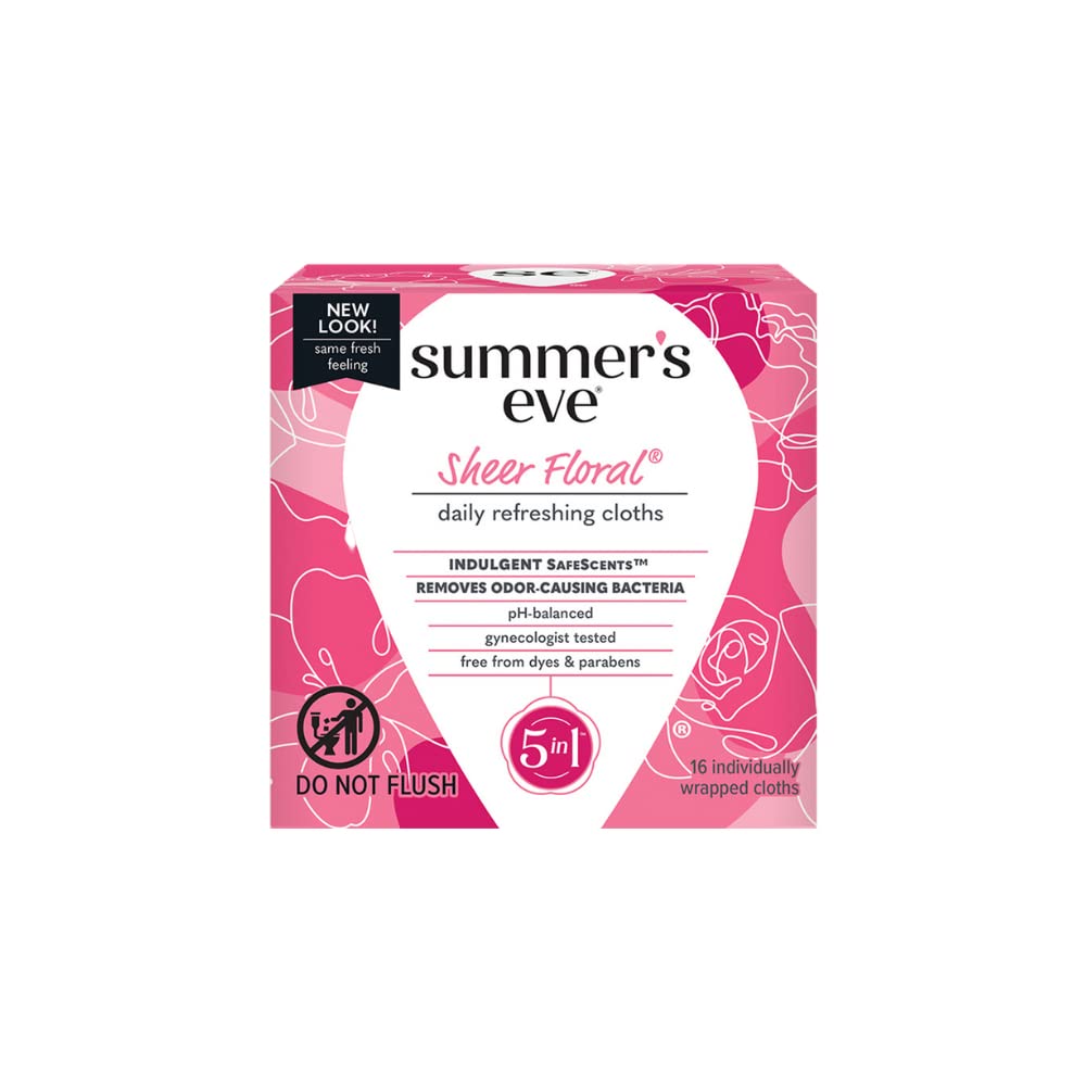 Summer's Eve Sheer Floral Daily Refreshing Feminine Wipes, Removes Odor, pH balanced, 16 count, (Pack of 8) Summer's Eve