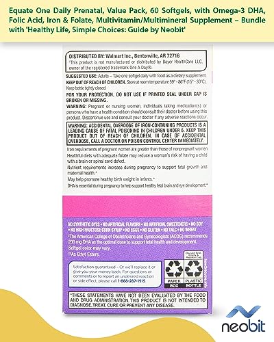 Equate One Daily Prenatal, Value Pack, 60 Softgels, with Omega-3 DHA, Folic Acid, Iron & Folate
