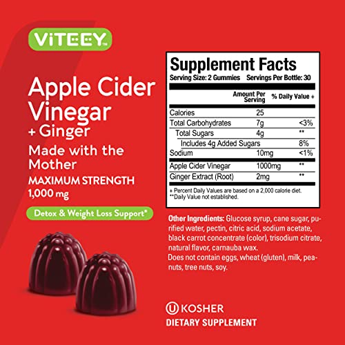 Apple Cider Vinegar Gummies 1,000mg Plus Ginger, ACV with The Mother, Detox Cleanse Viteey