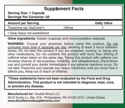 Theacrine (Teacrine) 100 Mg, 60 Capsules - Energy and Focus Supplement (Similar to Caffe