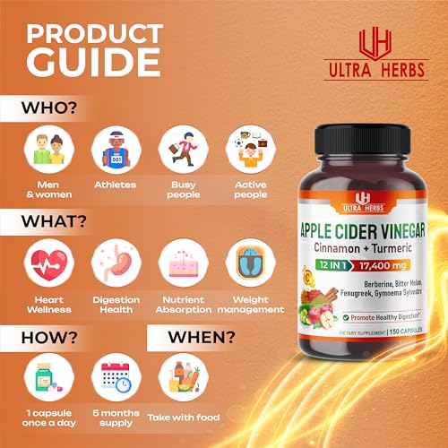 Organic Apple Cider Vinegar Capsules 17,400mg with Cinnamon, Turmeric - Best Supple ULTRA HERBS