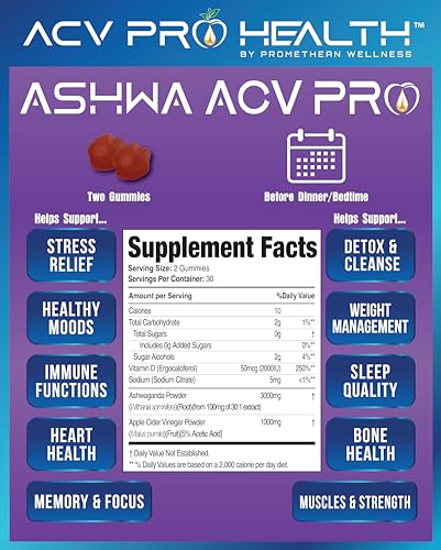 Ashwa ACV Pro Health - Sugar Free Apple Cider Vinegar Gummies, Ashwagandha Gummies Promethean Wellness