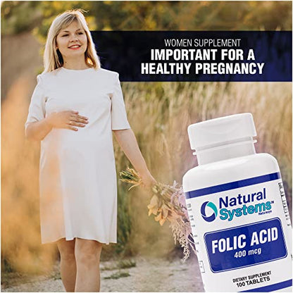 Folic Acid Supplement 100 Tablets 400 mcg by Natural Systems - Prenatal Vitamin for Women Perfect