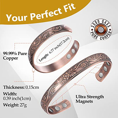 Feraco Magentic Copper Bracelet for Women,Vintage Flower Copper Cuff Bracelet
