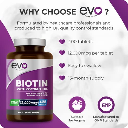 Biotin Hair Growth Supplement 12,000mcg with Coconut Oil | 400 High Strength Tablets EVO NUTRITION